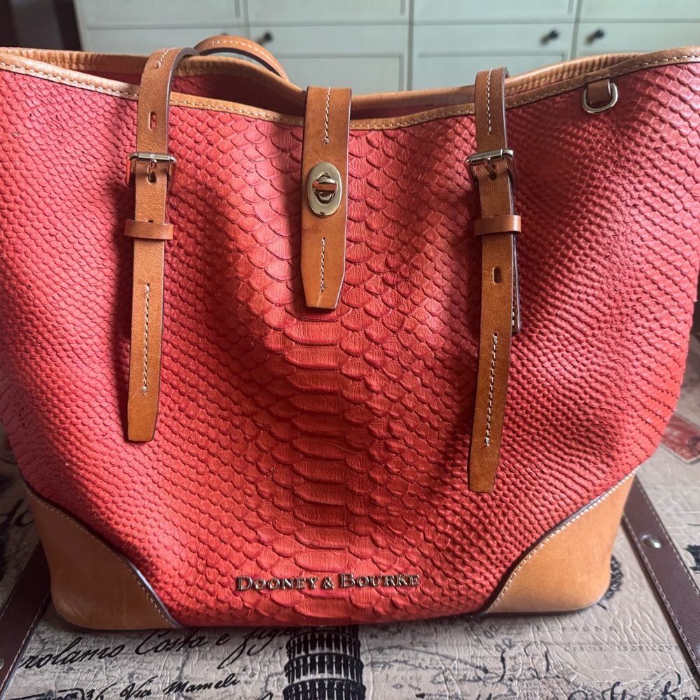 Dooney & Bourke Red and Tan Tote Bag with Leather Accents